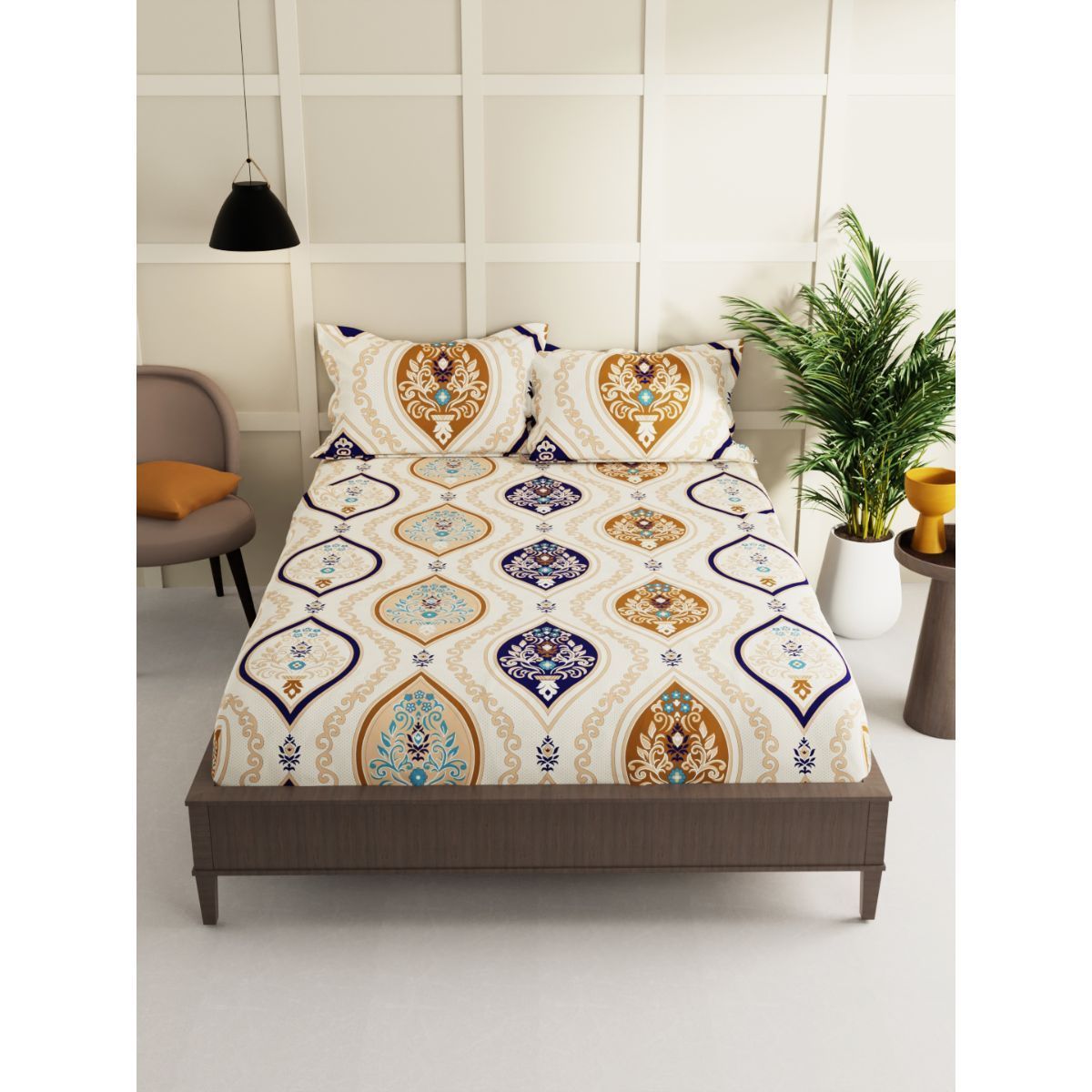 Quirky Home Fantasy Collection Premium Cotton Blend 180 TC Flat Double Wrinklefree Bedsheet with 2 Pillow Covers, Ivory Floral