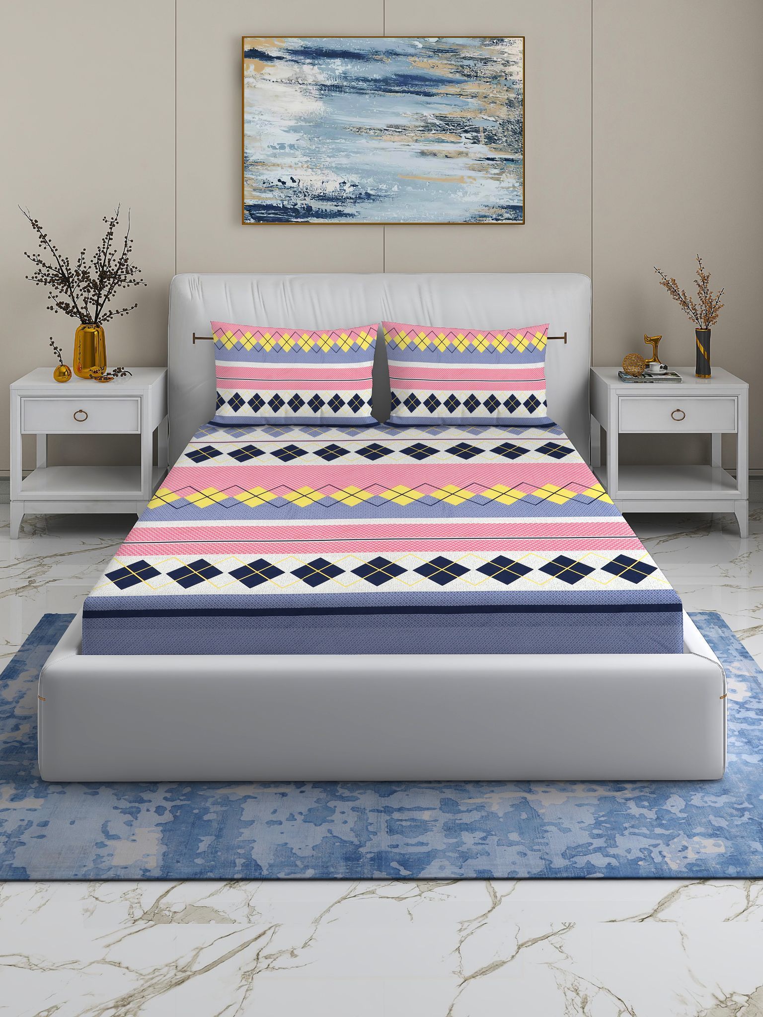 Quirky Home Rome Collection Premium Cotton Blend 180 TC Flat Double Wrinklefree Bedsheet with 2 Pillow Covers, Pink Diamond