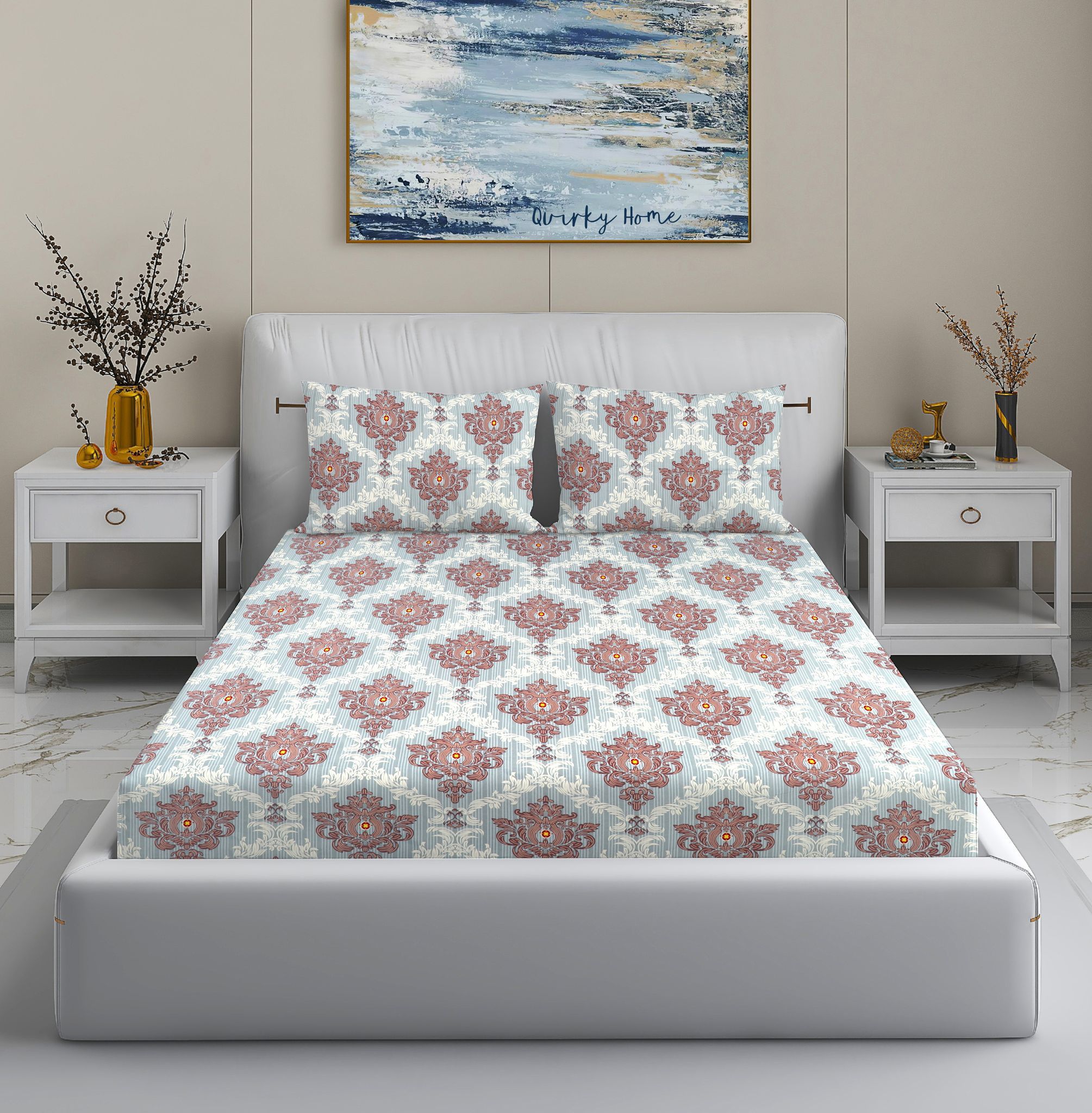 Quirky Home Fantasy Collection Premium Cotton Blend 180 TC Flat King Wrinklefree Bedsheet with 2 Pillow Covers, Grey Trophy