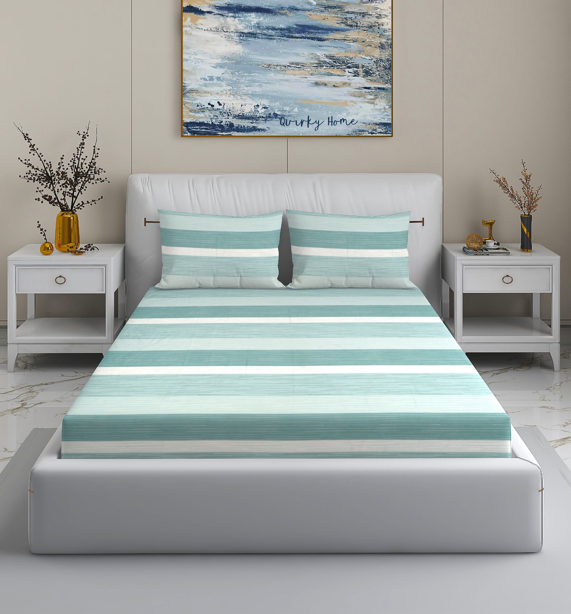 Quirky Home Rome Collection Premium Cotton Blend 180 TC Flat King Wrinklefree Bedsheet with 2 Pillow Covers, Green Lines