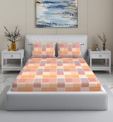 Quirky Home Rome Collection Premium Cotton Blend 180 TC Flat King Wrinklefree Bedsheet with 2 Pillow Covers, Peach Check