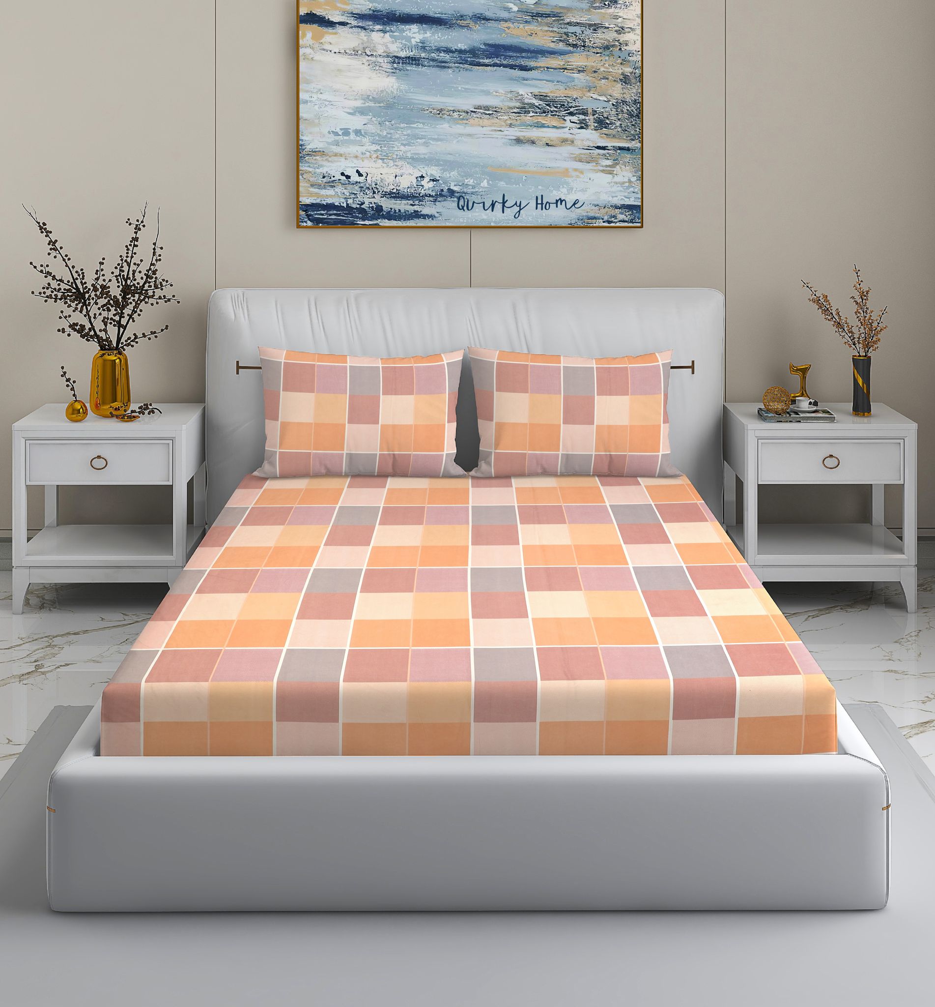Quirky Home Rome Collection Premium Cotton Blend 180 TC Flat King Wrinklefree Bedsheet with 2 Pillow Covers, Peach Check