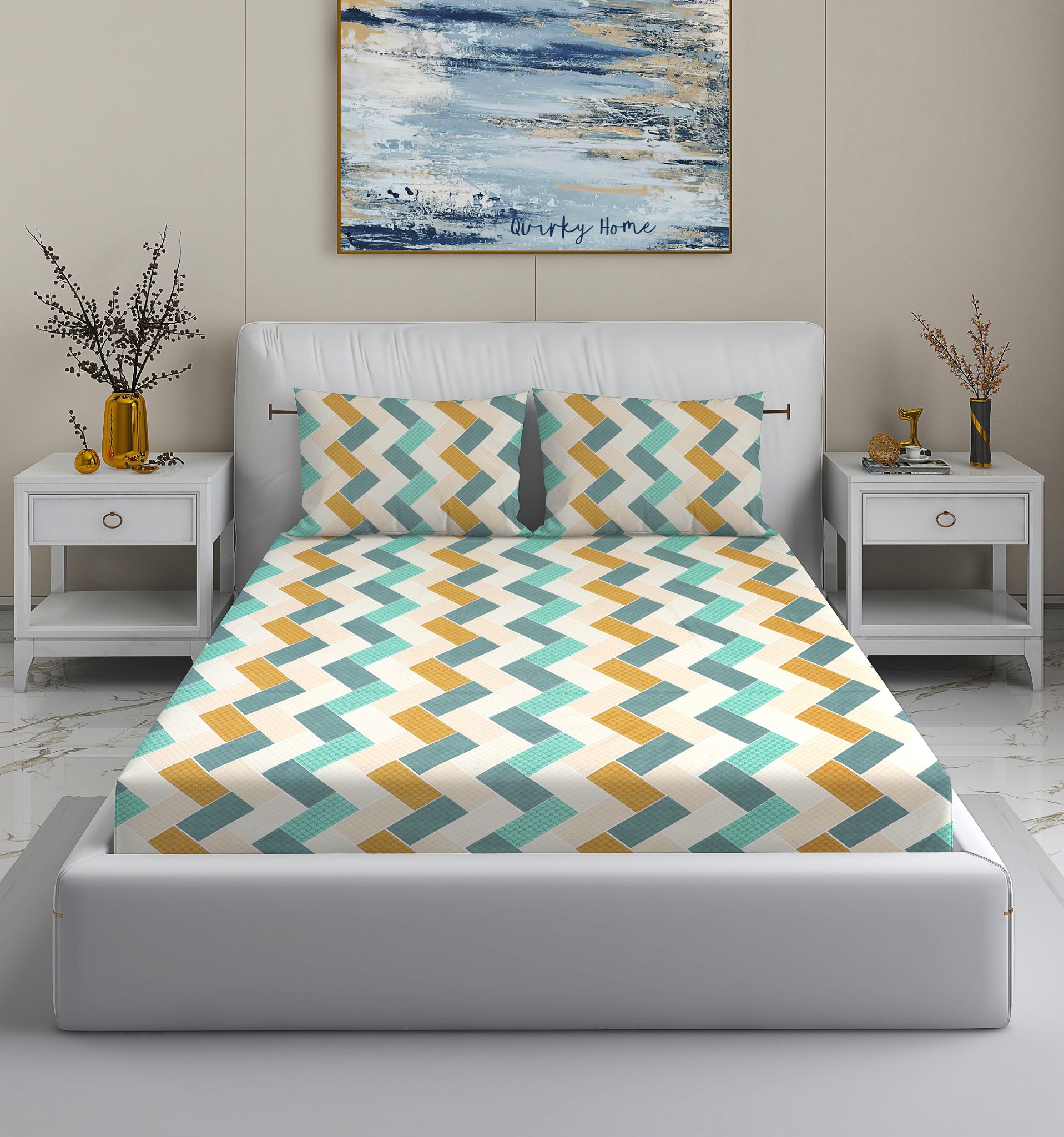 Quirky Home Rome Collection Premium Cotton Blend 180 TC Flat King Wrinklefree Bedsheet with 2 Pillow Covers, Multi Zig Zag