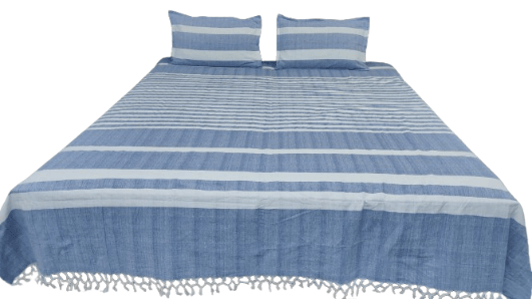 Dhaga Vishwas Ka Handloom Cotton Bedsheet with Pillow Covers White with Blue Stripes