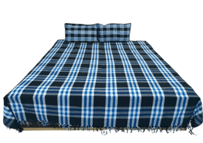 Handloom Cotton Bedsheet with Pillow Black,Blue and White Check