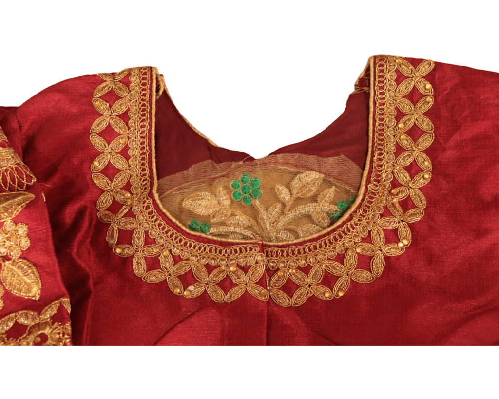 Red Silk Saree Blouse With Golden Embroidery and Green Floral Motifs