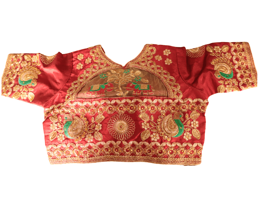 Red Silk Saree Blouse With Golden Embroidery and Green Floral Motifs