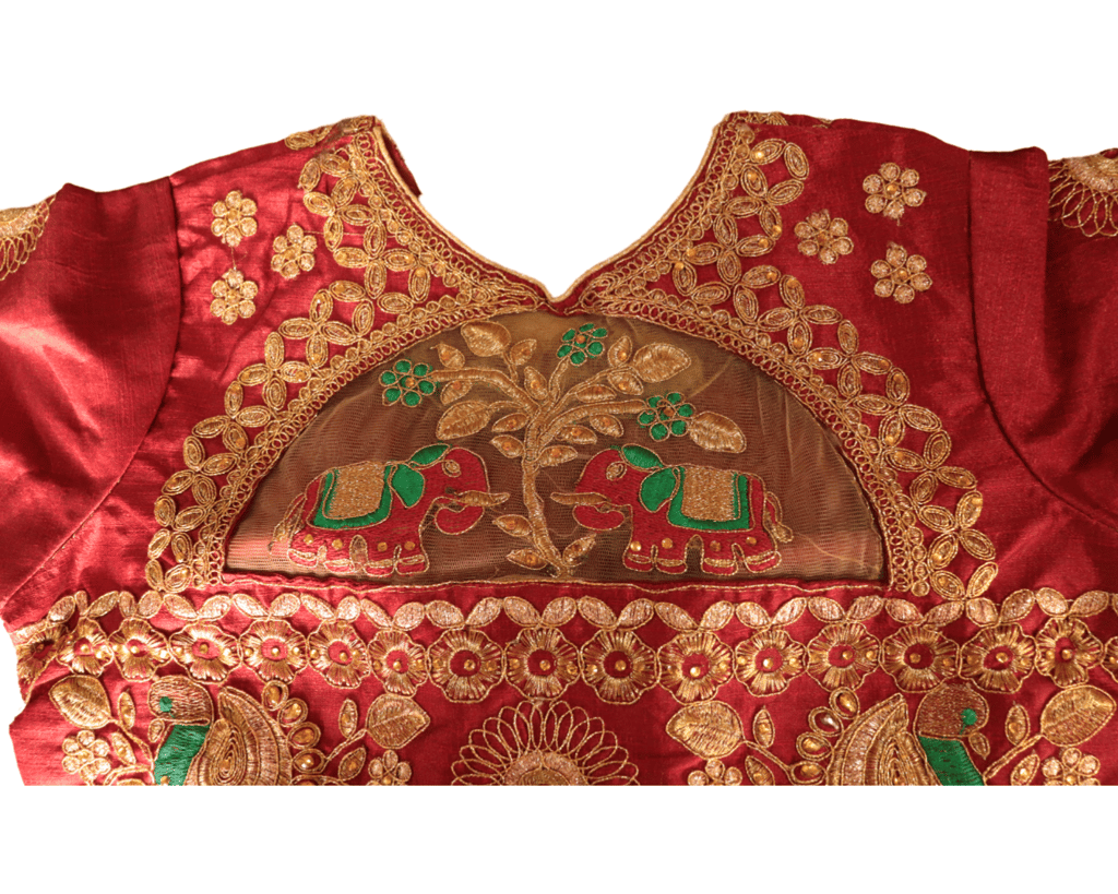 Red Silk Saree Blouse With Golden Embroidery and Green Floral Motifs