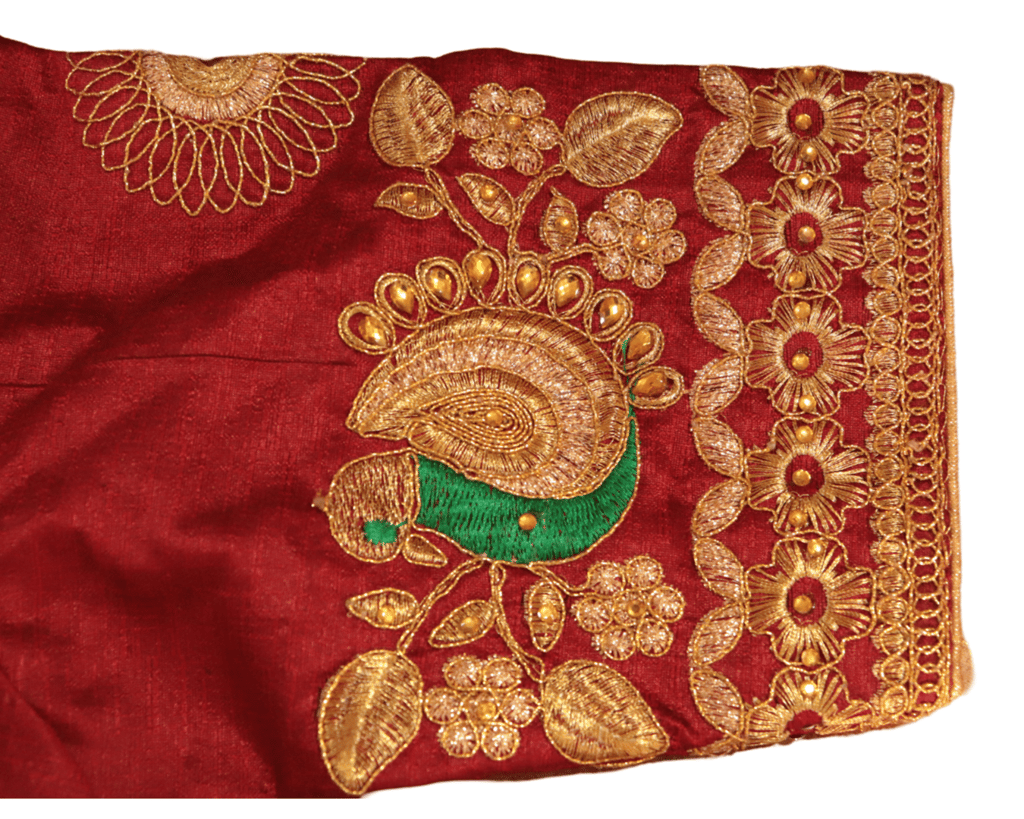 Red Silk Saree Blouse With Golden Embroidery and Green Floral Motifs