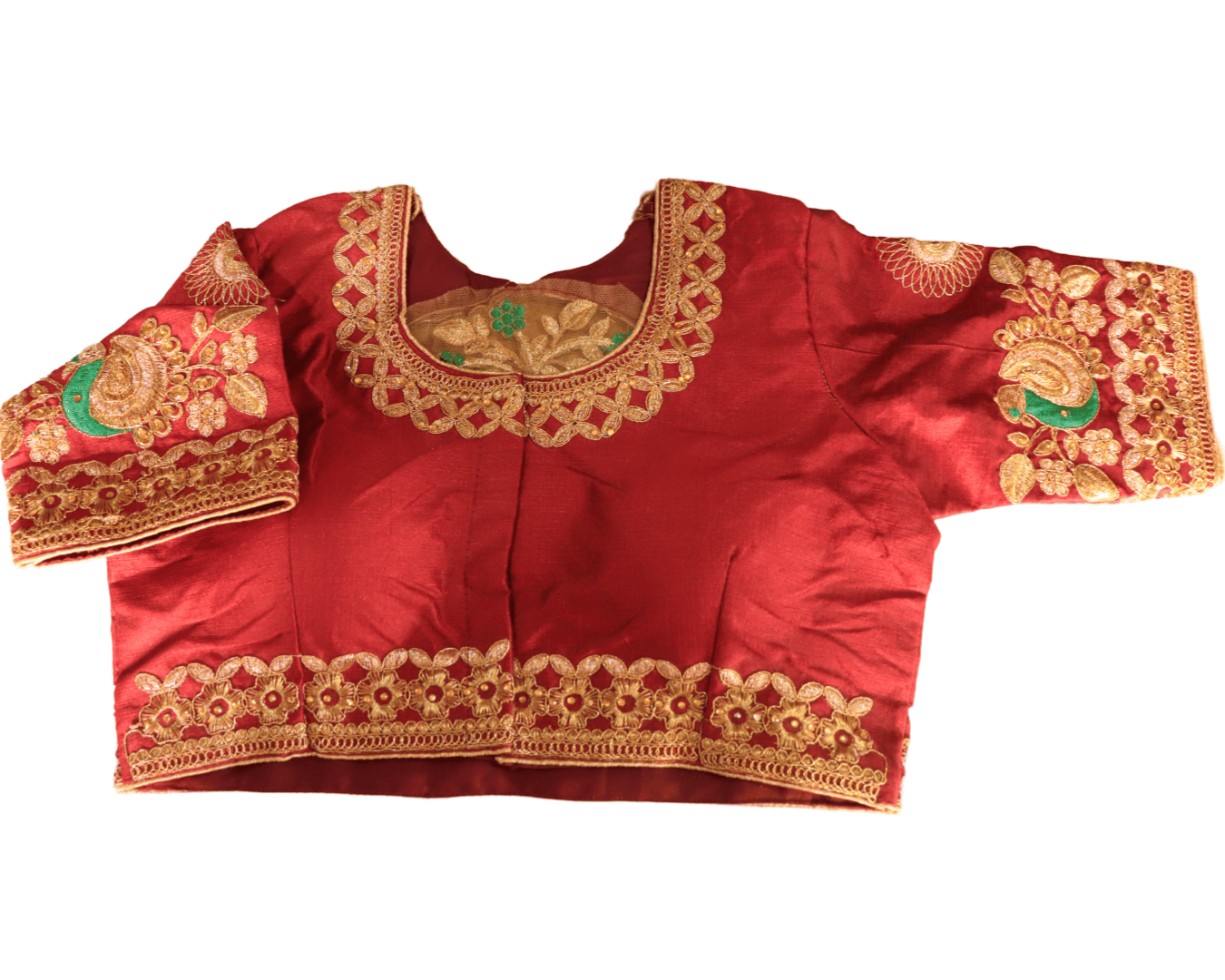 Red Silk Saree Blouse With Golden Embroidery and Green Floral Motifs