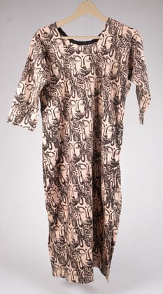  Women's Hand Block Printed Cotton A-Line Kurta with 3/4 Sleeves and Round Neck