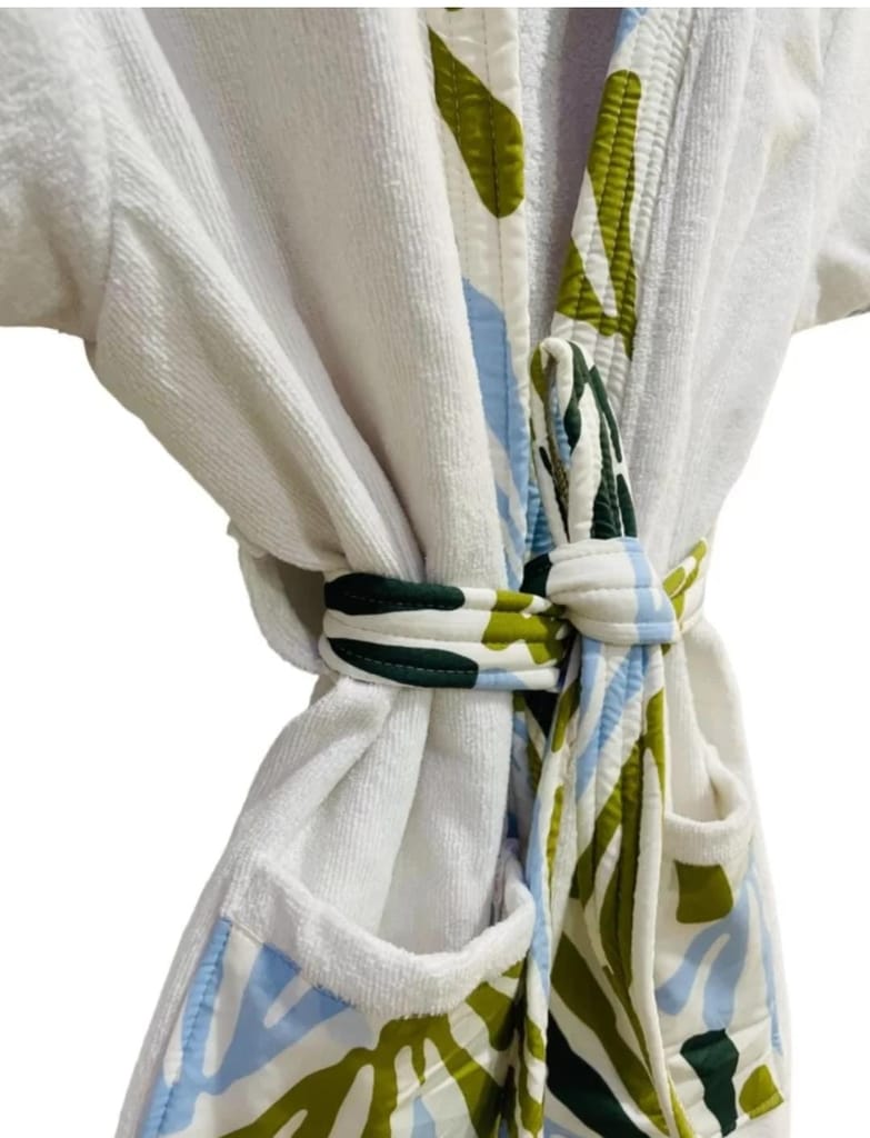 Women's White Cotton Short Sleeve Bathrobe with Blue and Green Trim