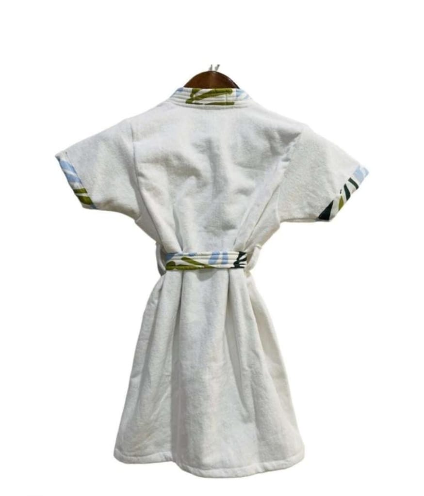 Women's White Cotton Short Sleeve Bathrobe with Blue and Green Trim
