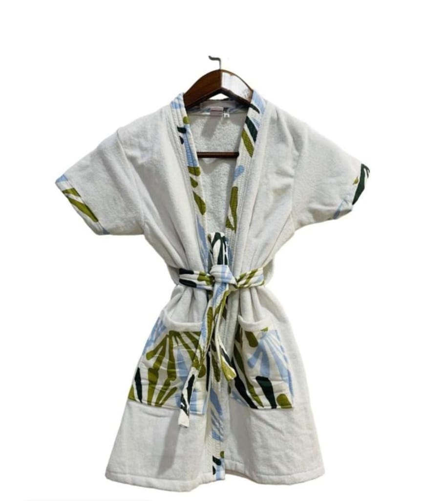 Women's White Cotton Short Sleeve Bathrobe with Blue and Green Trim
