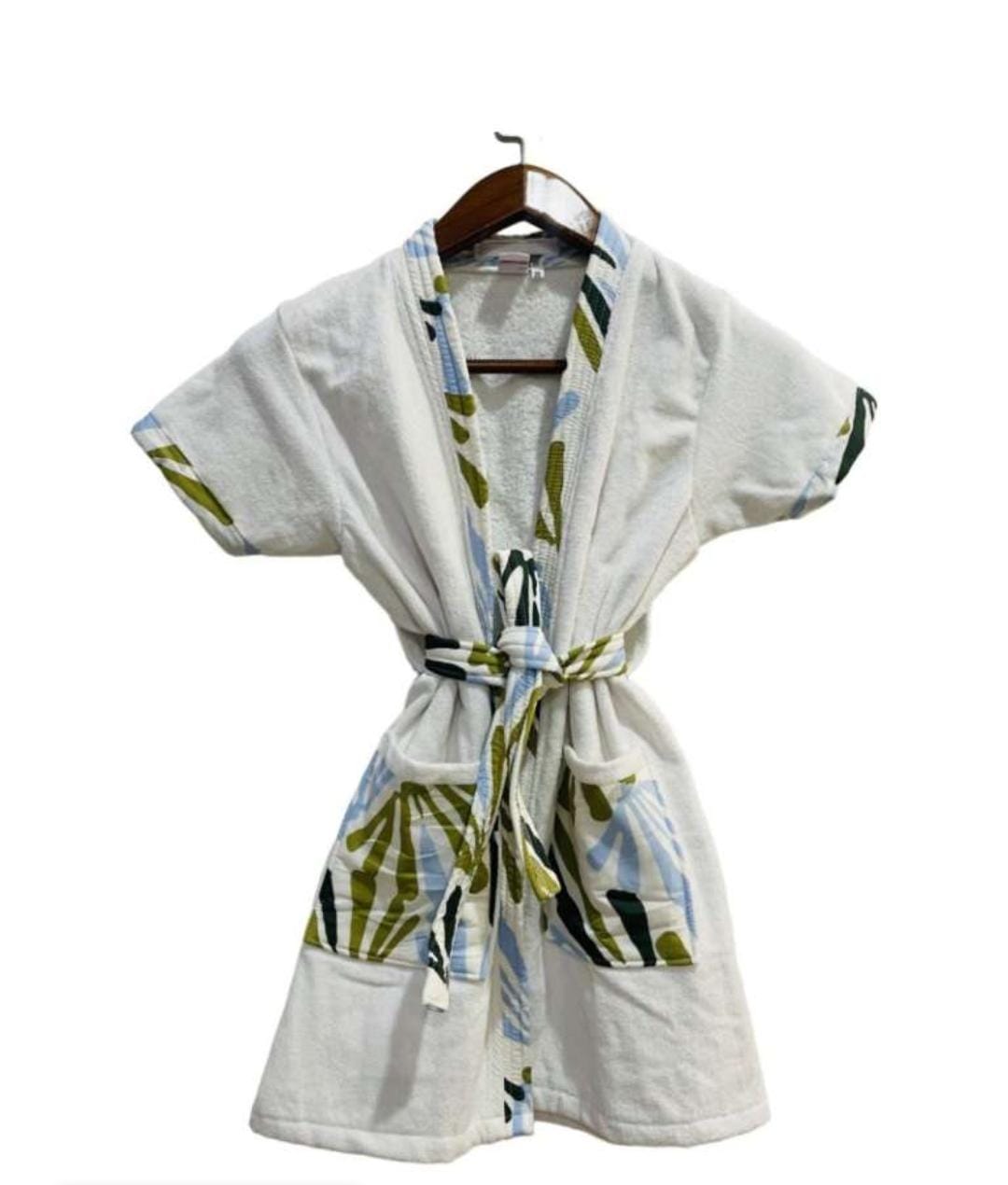 Women's White Cotton Short Sleeve Bathrobe with Blue and Green Trim