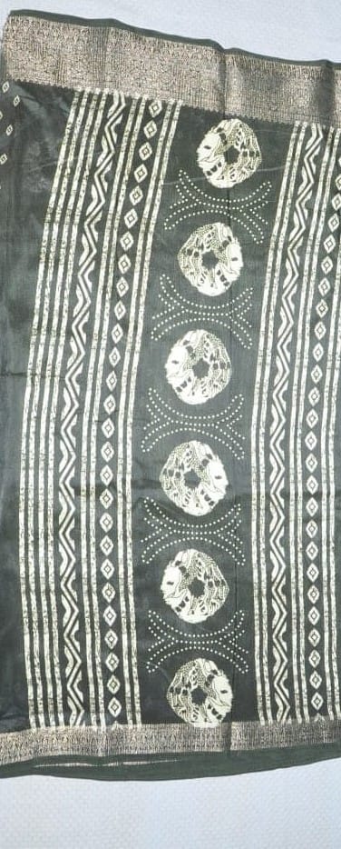  Black and White Hand Block Printed Cotton Saree with Tribal Print Border