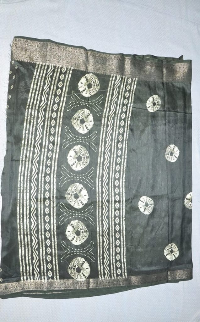  Black and White Hand Block Printed Cotton Saree with Tribal Print Border
