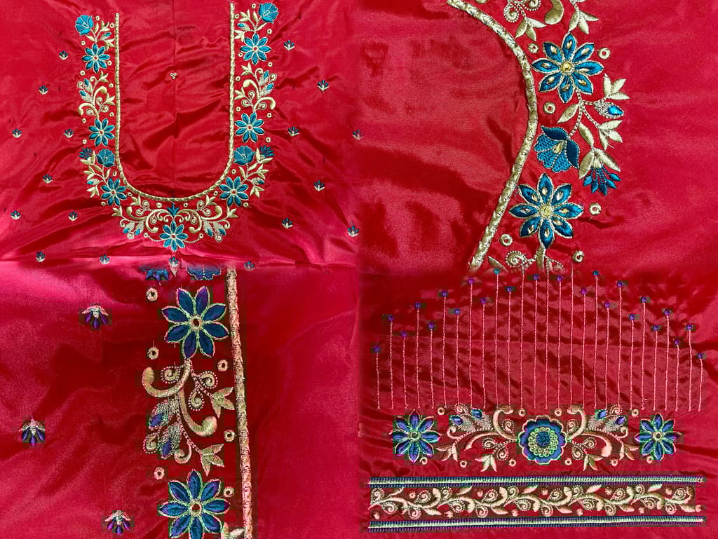 Red and Blue Embroidered Blouse Design with Zari and Stone Work
