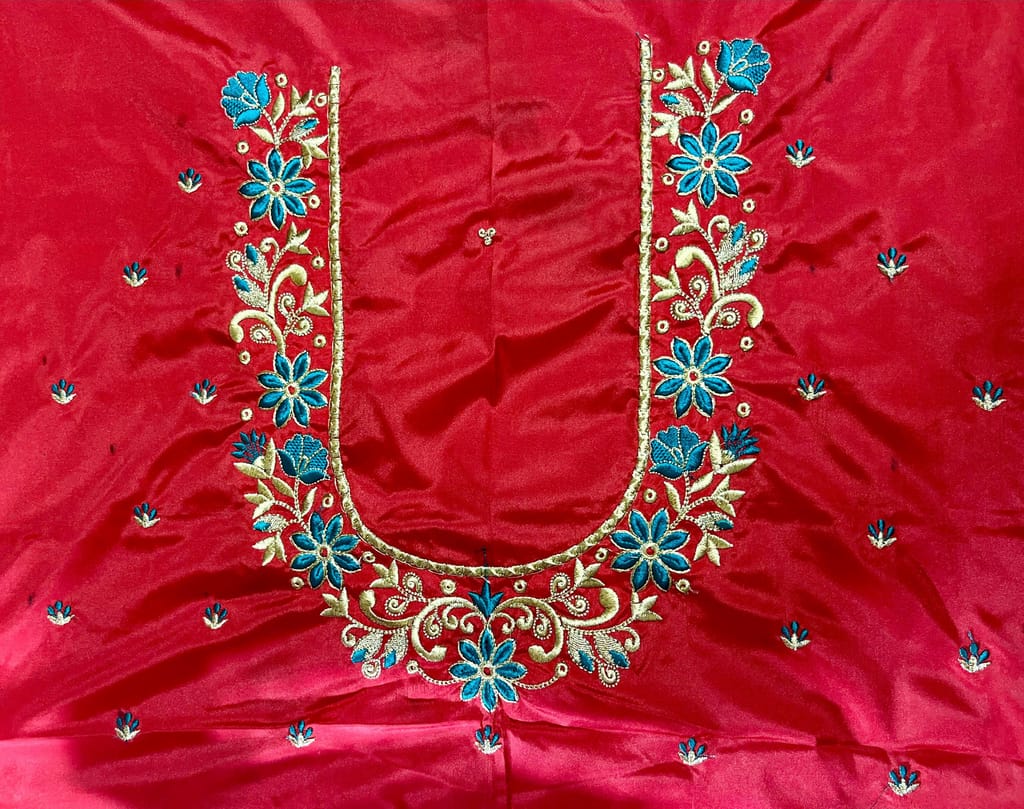 Red and Blue Embroidered Blouse Design with Zari and Stone Work