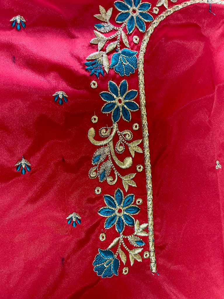 Red and Blue Embroidered Blouse Design with Zari and Stone Work