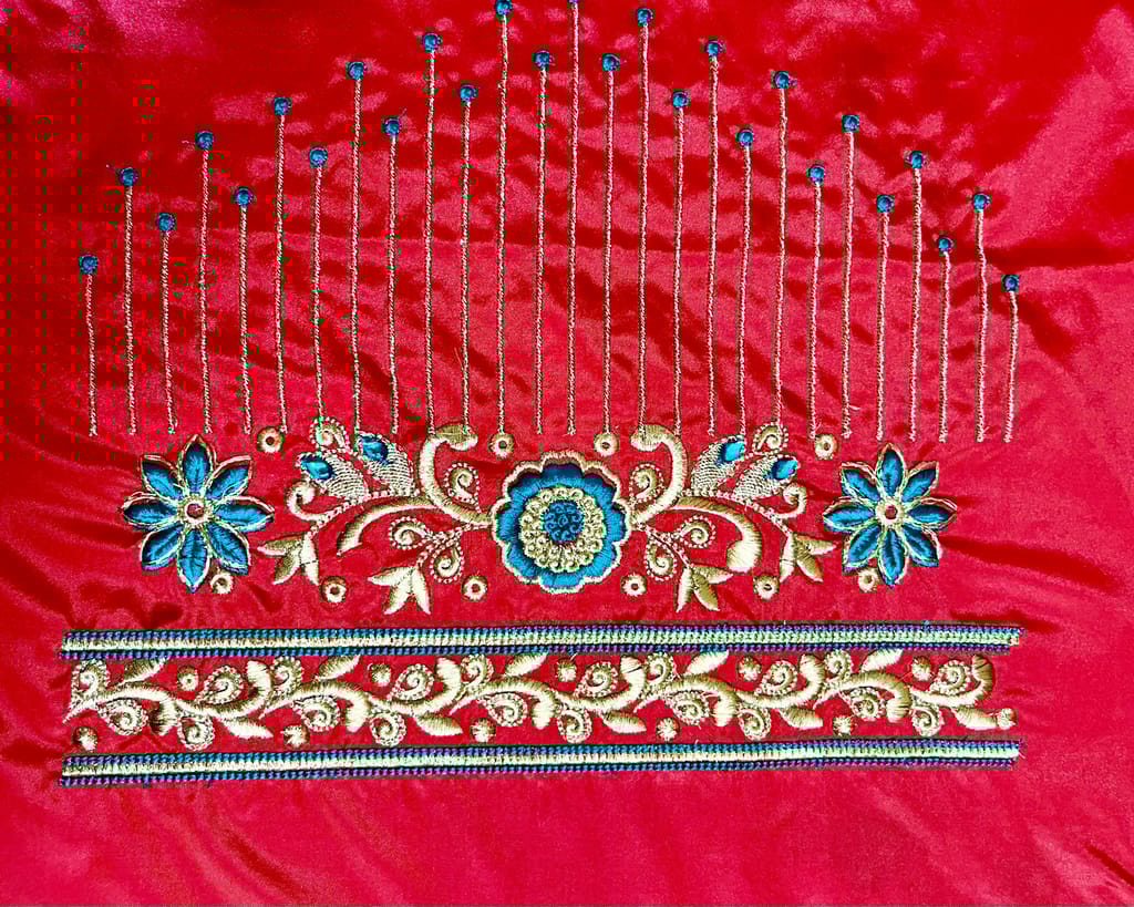 Red and Blue Embroidered Blouse Design with Zari and Stone Work