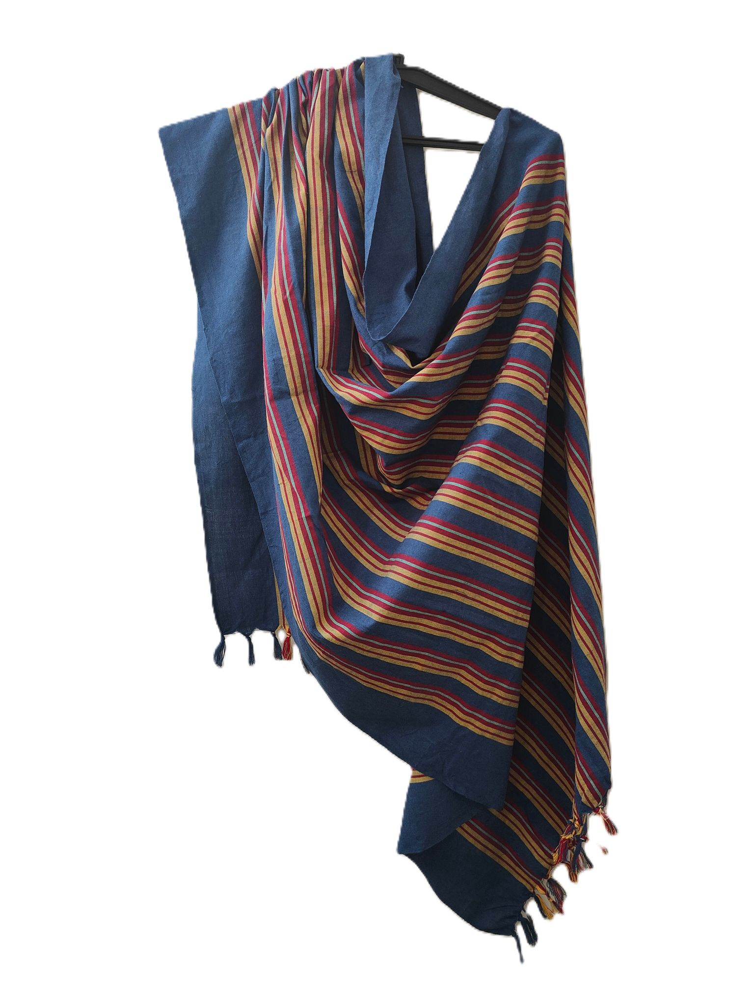 Dhaga Vishwas Ka Handloom Cotton Stole Blue With Red and Yellow Stripes