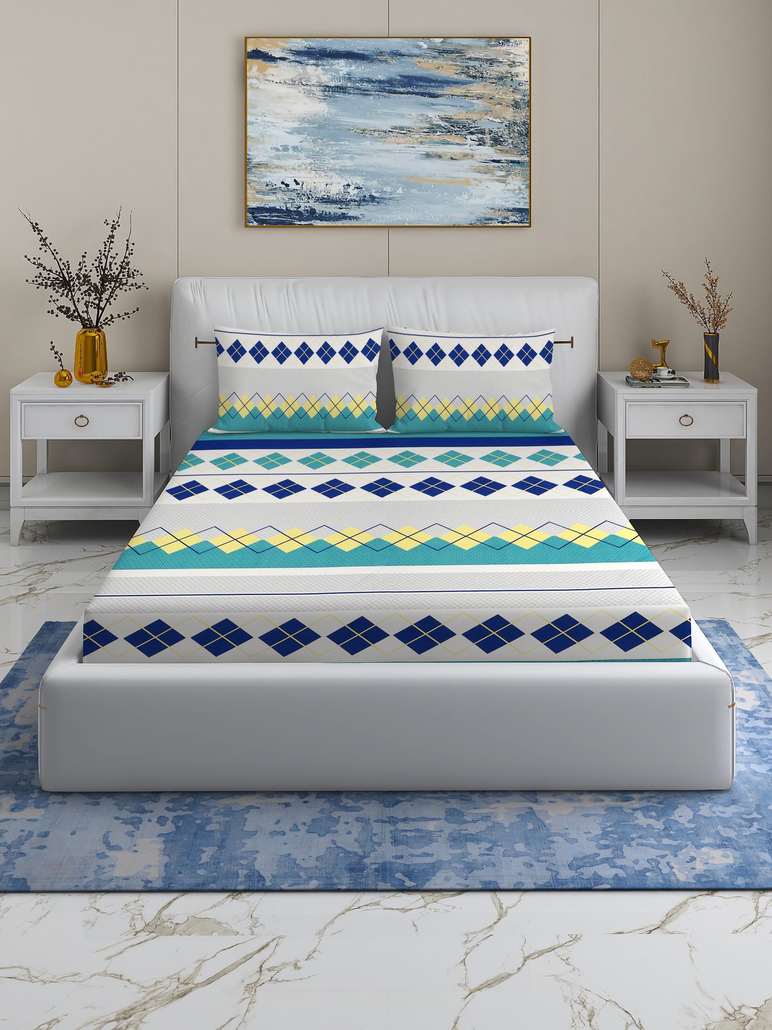 Quirky Home Rome Collection Premium Cotton Blend 180 TC Fitted Double Wrinklefree Bedsheet with 2 Pillow Covers, Blue Diamond