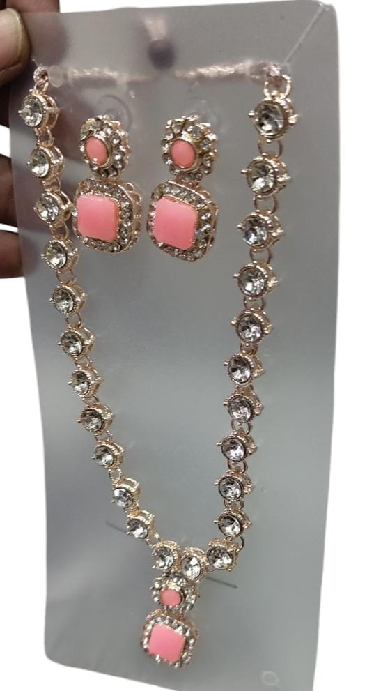 **Pink Rhinestone Necklace and Earrings Set