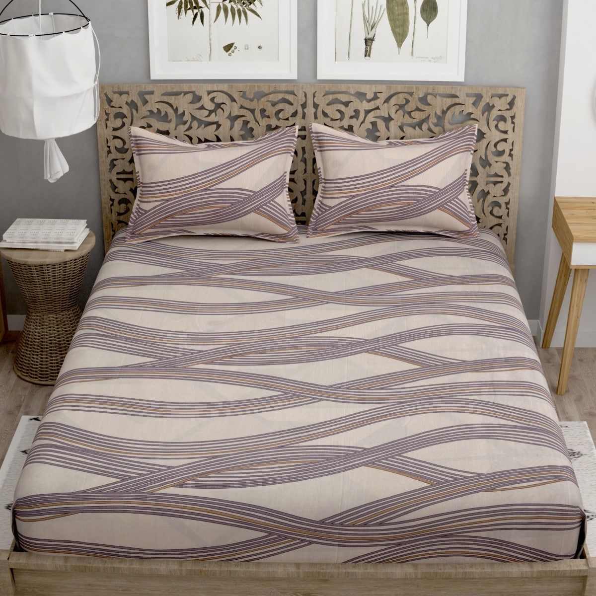 Quirky Home Fantasy Collection Premium Cotton Blend 180 TC Fitted Double Wrinklefree Bedsheet with 2 Pillow Covers, Brown Waves