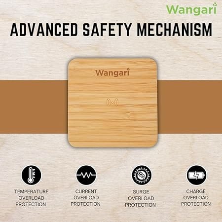 Wangari Pine 15W Square Bamboo Wireless Charger with USB Hub