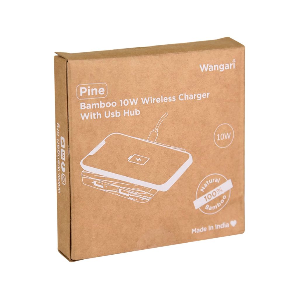 Wangari Pine 15W Square Bamboo Wireless Charger with USB Hub