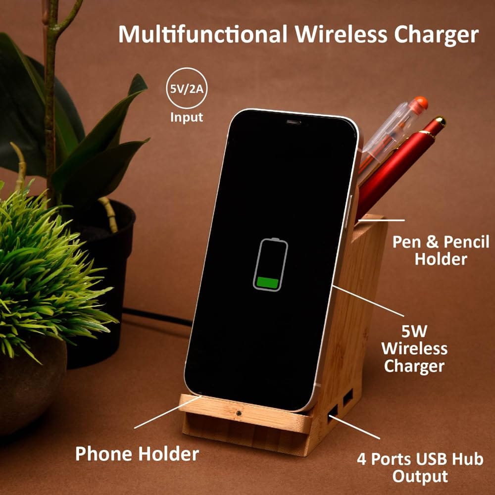 Wangari Maple 15W Wireless charger & USB Hub with Pen Stand