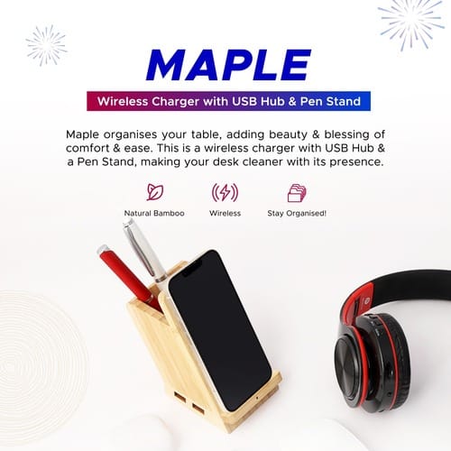 Wangari Maple 15W Wireless charger & USB Hub with Pen Stand