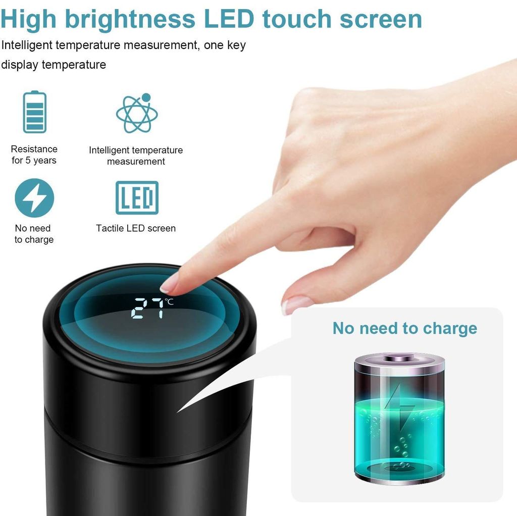 Smart Vacuum Insulated Water Bottle with Automatic LED Temperature Display, Large Flask 500 ML Stainless Steel Drinking Cup