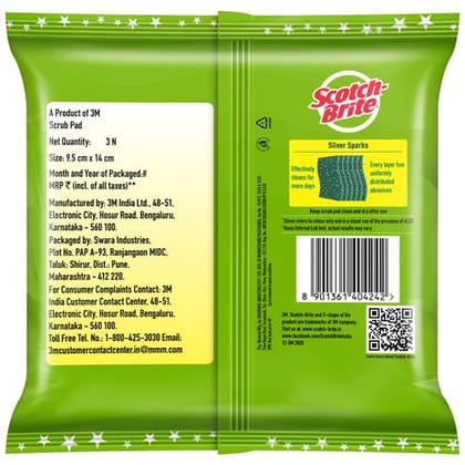 Scotch Brite Silver Sparks Scrub Pad Large, Pack Of 3