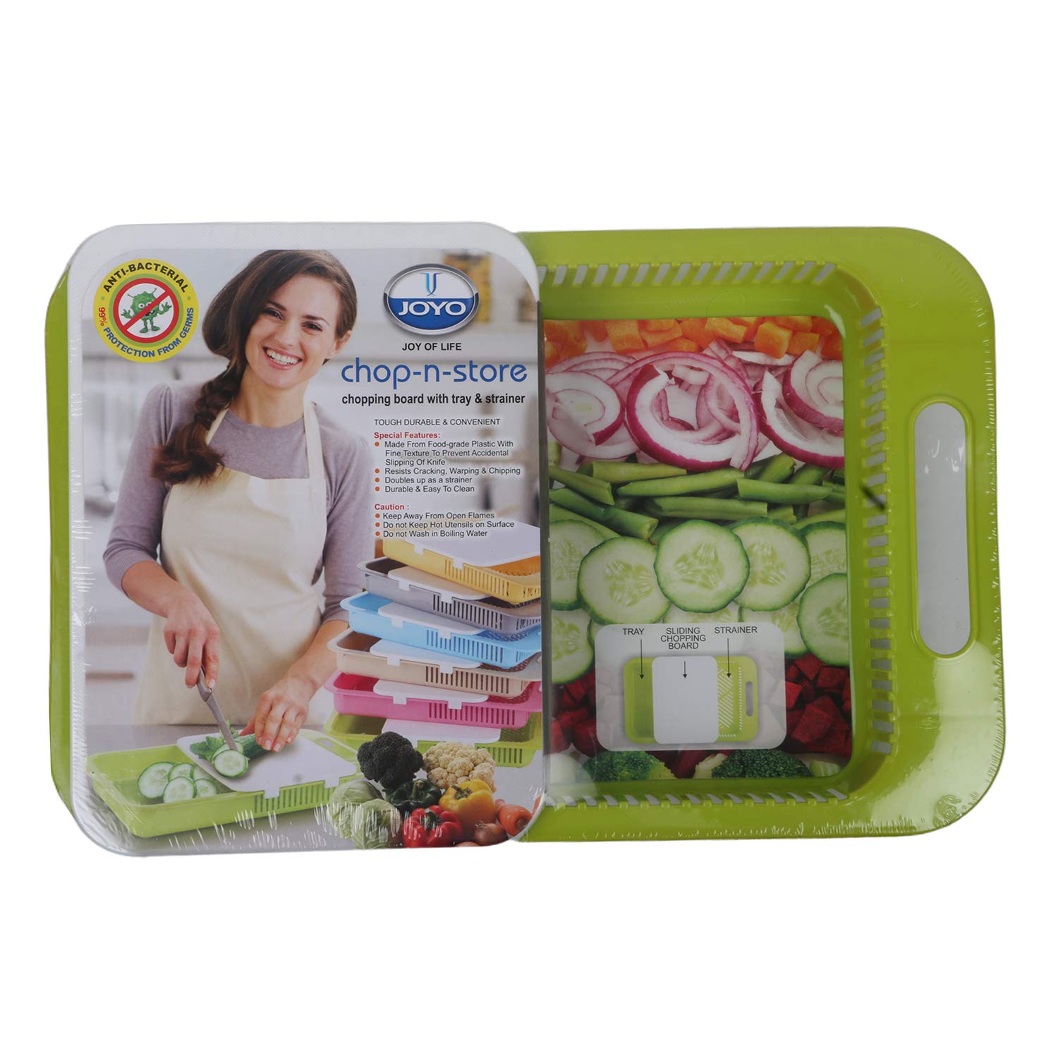 Joyo Plastic Chopping Board With Tray And Strainer, Green, 1 Piece