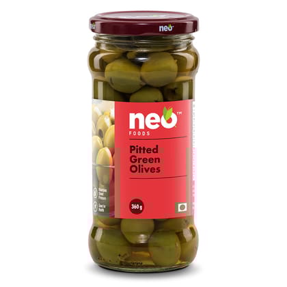 Neo Neo Pitted Green Olives, 360G, Low Fat Ready, To, Eat Healthy Snack, Source Of Fibre, No Added Preservatives (Pack Of 1)