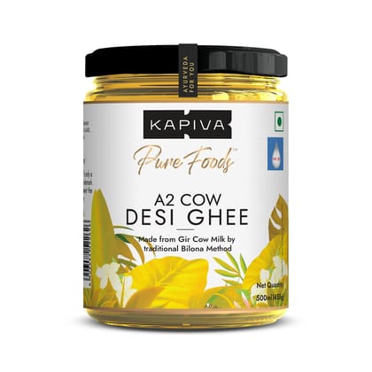 Kapiva A2 Cow Desi Ghee 500 Millilitre, 100% Desi Gir Cow Ghee, A2 Milk Certified Ghee, Vedic Bilona Method, Curd, Churned, Pure, Natural, Healthy, Grassfed, Cultured, Premium & Traditional Ghee