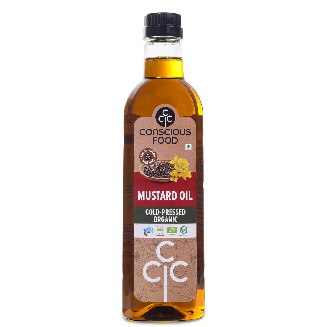Conscious Food Organic Cold Pressed Black Mustard Oil, 1 Litre, Mustard Oil For Cooking, Certified Organic, Good For Heart Health, Kachi Ghani