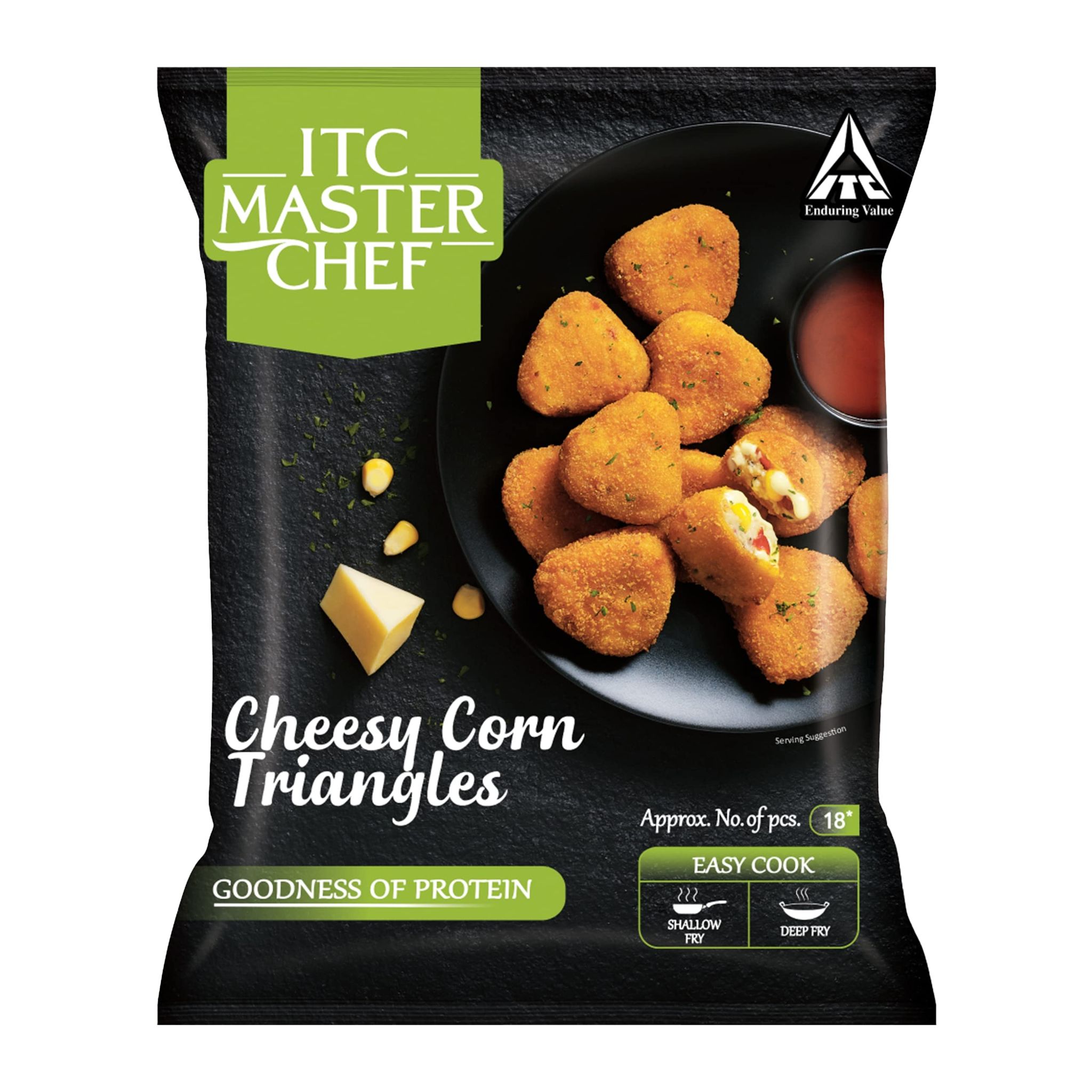 Itc Master Chef Cheesy Corn Triangles Nuggets With Cheddar Cheese, Veg Frozen Snack, Ready To Cook, 320G