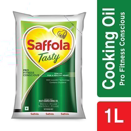 Saffola Tasty Refined Cooking Oil, Blended Rice Bran & Corn Oil, Pro Fitness Conscious, 1 L Pouch