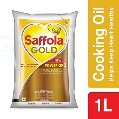 Saffola Gold Refined Cooking Oil, Blended Rice Bran & Sunflower Oil, Helps Keeps Heart Healthy, 1 L Pouch