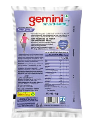 Gemini Refined Rice Bran Oil Pouch, 1000 Ml
