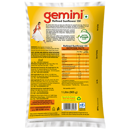 Gemini Refined Sunflower Oil, With Nutri Fresh Technology, 1 L Pouch