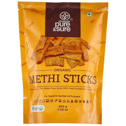 Phalada Pure & Sure Organic Methi Sticks, Made With Wheat Flour, Fenugreek Leaves, Crunchy & Delicious, 200 G Pouch