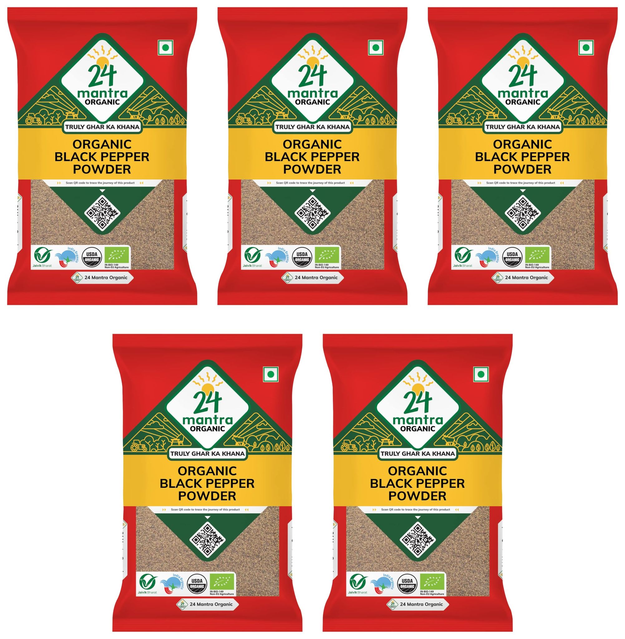 24 Mantra Organic Black Pepper Powder/Kalimirch Powder/Nalla Miriyalapudi, 100Gms, Pack Of 5, 100% Organic, Chemical Free & Pesticides Free, Unadulterated, Enhances Taste