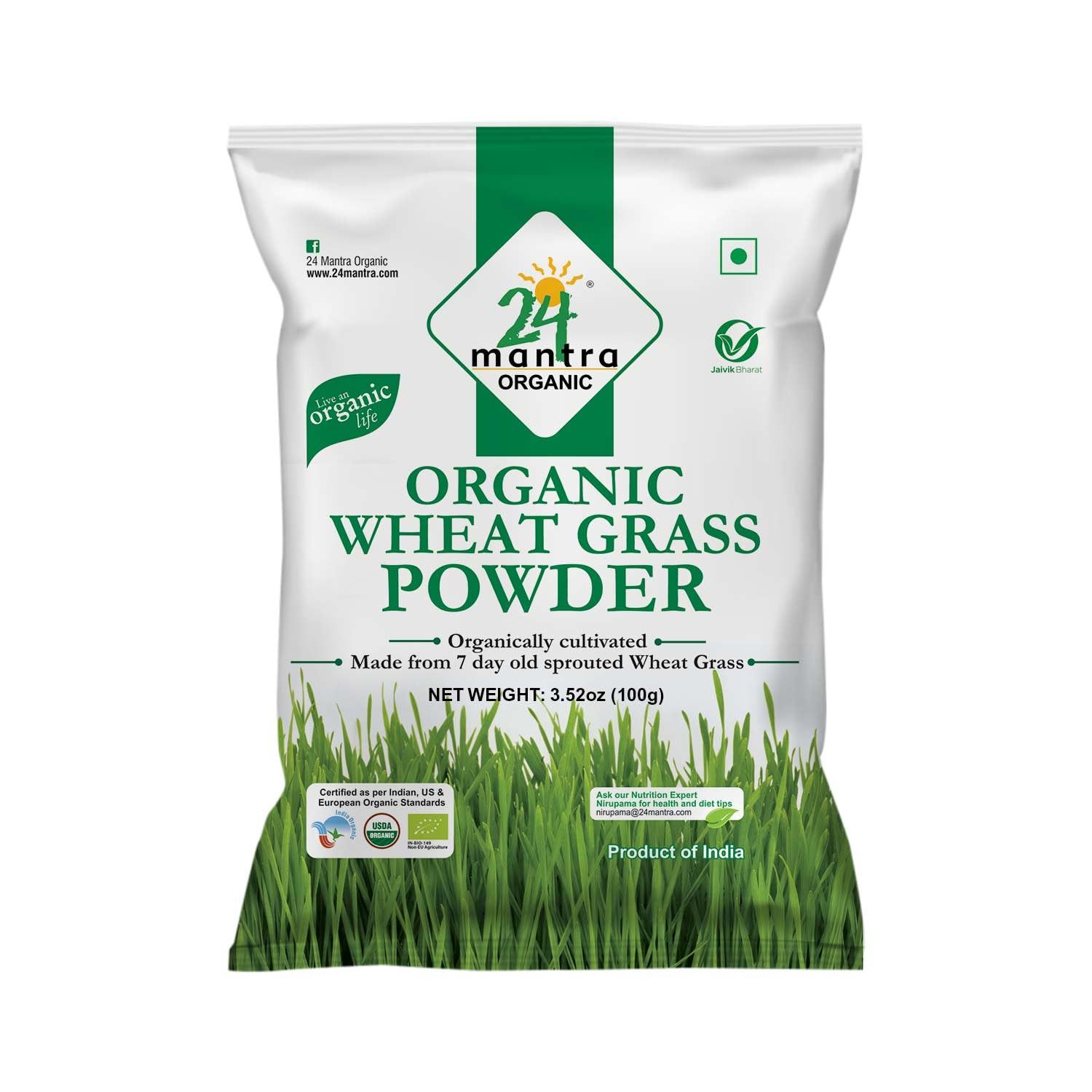 24 Mantra Organic Wheat Grass Powder, 100Gms, Pack Of 1, 100% Organic, Chemical Free & Pesticides Free