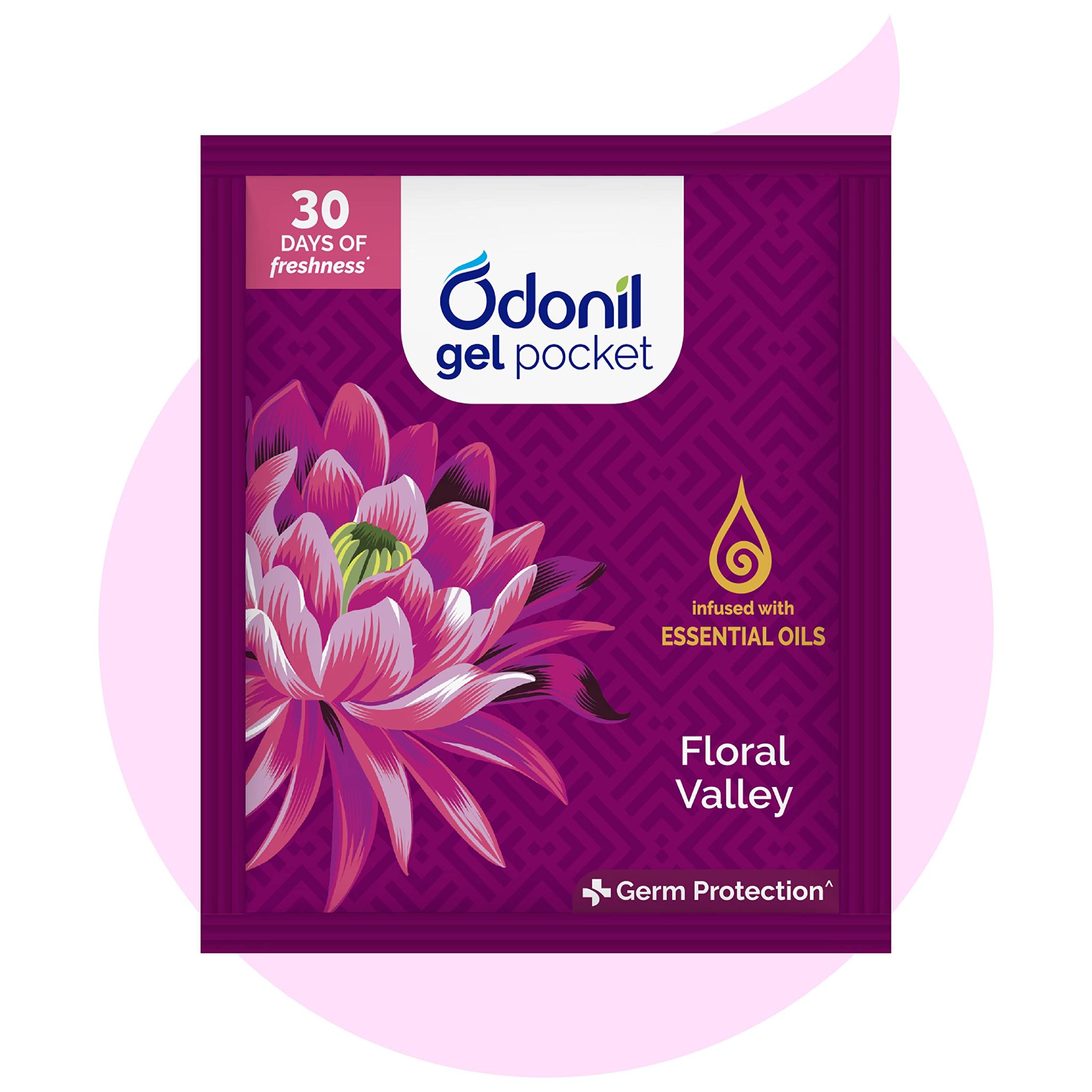 Odonil Gel Pocket, Floral Valley, Infused With Essential Oils, Germ Protection, Lasts Up To 30 Days, Air Freshener For Bathroom And Toilet, 10G