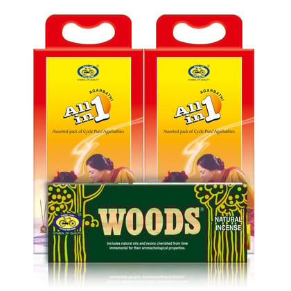 Cycle Pure Agarbatti Combo Pack, Woods (1 Pack) & All In One (2 Pack), For Daily Puja, Yoga, Meditation, Special Ceremonies, Festivals, Set Of 3 Packs