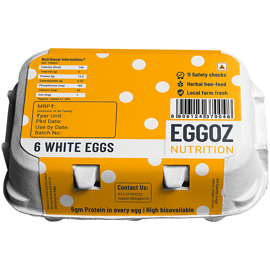 Eggoz White Farm Fresh Eggs, Omega 3 Rich With No Ddgs, Hormone & Steroids, 6 Pcs
